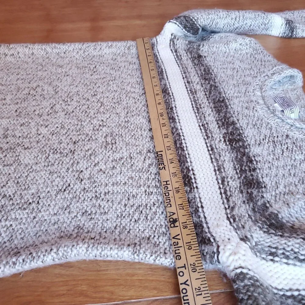 VTG Roll Neck Sweater Sz L Wool Blend Chunky Fisherman Beige Neutral Stripe